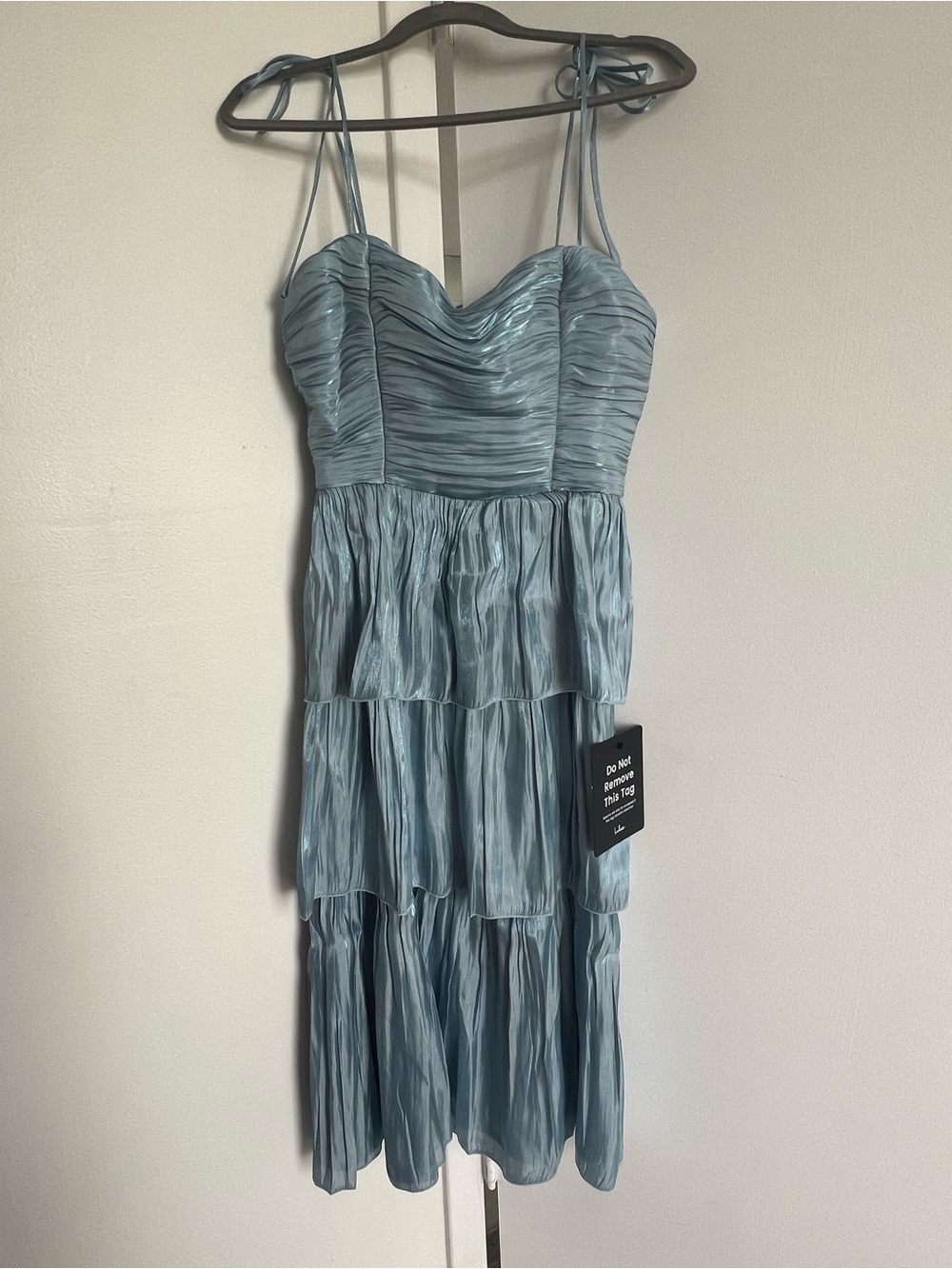 Lulu's Light Blue Tiered Satin Midi Dress with Tie Straps